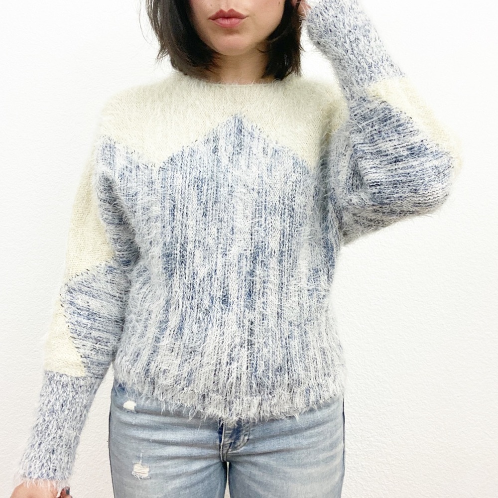 Anthropologie 🐑 size S Moth Zigged Formation Cream  Blue Fuzzy Blanket Sweater